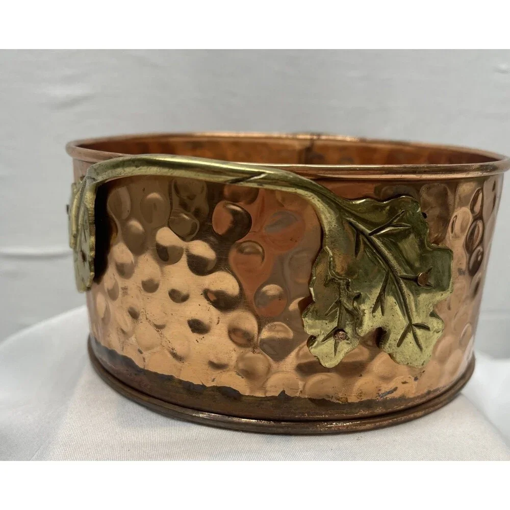 Hammered Copper Casserole Candle Ring Holder Brass Leaves 6.5